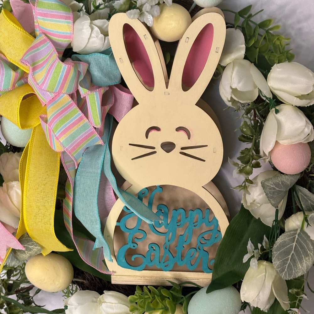 Wooden Bunny Happy Easter Sign with Pastel Accents. 19 inches round